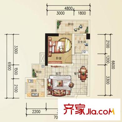 凱信水韻濱江二期公園大帝Y戶型 1室2廳1衛(wèi)1廚