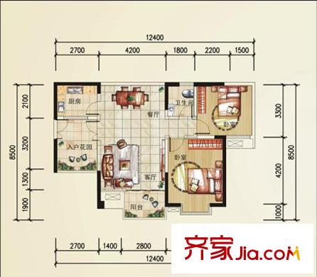 凱信水韻濱江二期公園大帝C戶型 2室2廳1衛(wèi)1廚