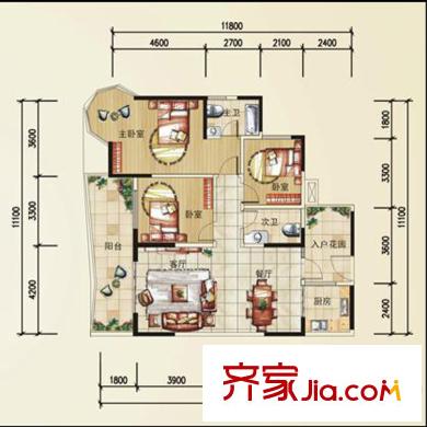 凱信水韻濱江二期公園大帝B戶型 3室2廳2衛(wèi)1廚