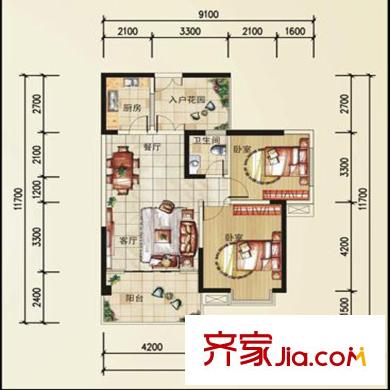 凱信水韻濱江二期公園大帝D戶型 2室2廳1衛(wèi)1廚