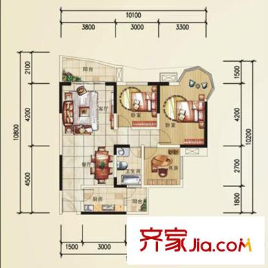 凱信水韻濱江二期公園大帝E戶型 3室2廳1衛(wèi)1廚