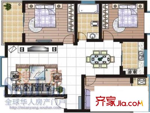 凱麗濱江戶型圖兩房X型 2室2廳1衛(wèi)1廚