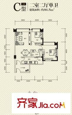 長興99號公館1幢C戶型 2室2廳1衛(wèi)1廚