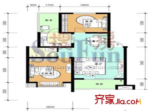 紅格涪岸戶型圖2-E戶型圖 2室2廳1衛(wèi)1廚