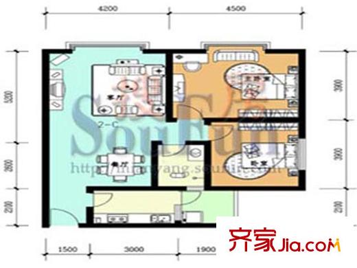 紅格涪岸戶型圖2-C戶型圖 2室2廳1衛(wèi)1廚