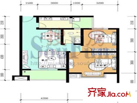 紅格涪岸戶型圖2-D戶型圖 2室2廳1衛(wèi)1廚