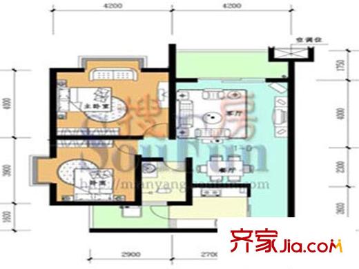 紅格涪岸戶型圖1-D戶型圖 2室2廳1衛(wèi)1廚