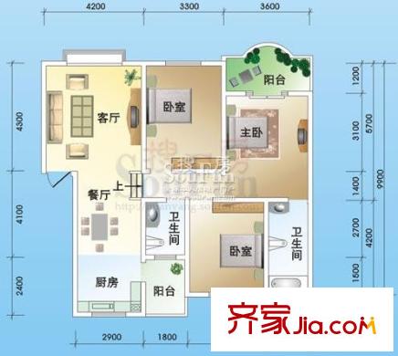 陽光水岸戶型圖D戶型 3室2廳2衛(wèi)1廚