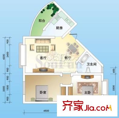 陽光水岸戶型圖Q戶型 2室2廳1衛(wèi)1廚