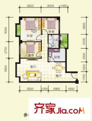祥云閣戶型圖A 3室2廳1衛(wèi)