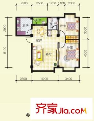 祥云閣戶型圖D 2室2廳1衛(wèi)