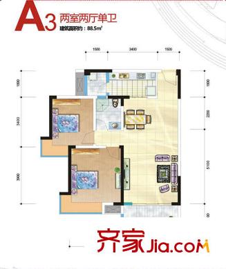 涪城萬(wàn)達(dá)廣場(chǎng)四棟一單元2、3號(hào) 二單元2、3號(hào) A3戶型 3室2廳1衛(wèi)1廚