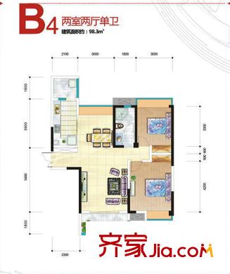 涪城萬(wàn)達(dá)廣場(chǎng)一棟一單元4號(hào) 二單元1號(hào) B4戶型 2室2廳1衛(wèi)1廚