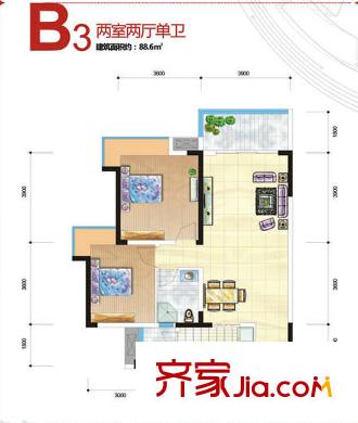 涪城萬(wàn)達(dá)廣場(chǎng)一棟一單元2、3號(hào) 二單元2、3號(hào) B3戶型 2室2廳2衛(wèi)1廚