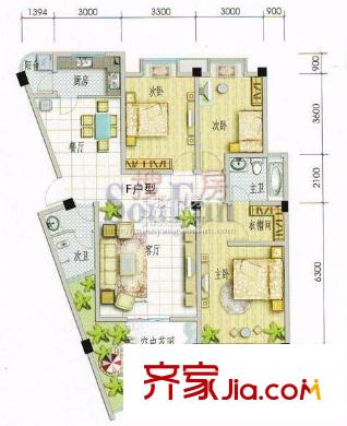 錦繡山城戶型圖F戶型 3室2廳2衛(wèi)1廚