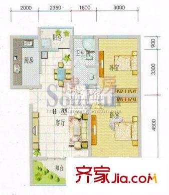 錦繡山城戶型圖H戶型 2室2廳1衛(wèi)1廚