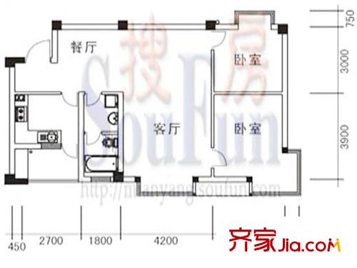 中華苑戶型圖B戶型 2室2廳1衛(wèi)1廚