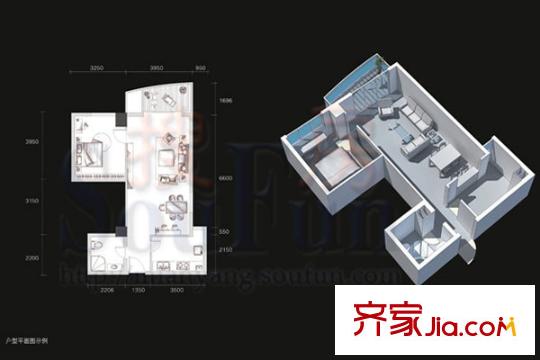 鳳凰城戶型圖B3型 1室2廳1衛(wèi)