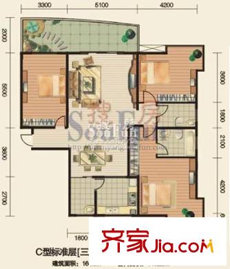 安江名園戶型圖C3戶型 3室2廳2衛(wèi)1廚
