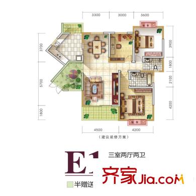 嶺南神韻E1戶型 3室2廳2衛(wèi)1廚
