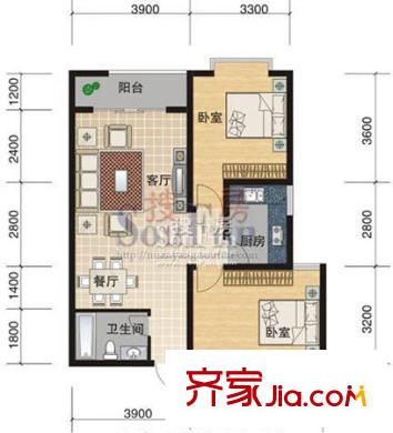 陽光曼哈頓戶型圖E戶型 2室2廳1衛(wèi)1廚