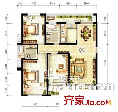 倒馬井戶型圖2 3室2廳1衛(wèi)1廚