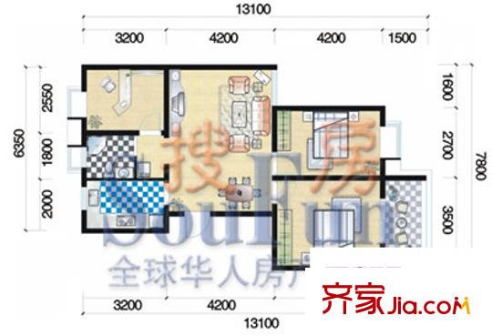 泰山城市花園戶型圖二期B戶型 3室1廳1衛(wèi)1廚