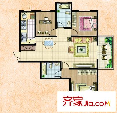 楚河花園邊戶戶型二 3室2廳1衛(wèi)1廚