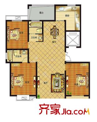 藍(lán)柏灣小高層B7B8號(hào)樓西戶F戶型 3室2廳2衛(wèi)1廚