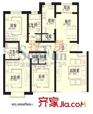 恒茂福澤園戶型圖戶型B 3室2廳2衛(wèi)1廚