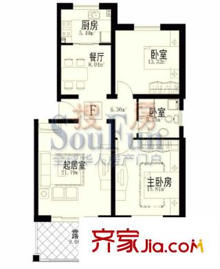 恒茂福澤園戶型圖戶型F 3室2廳1衛(wèi)1廚