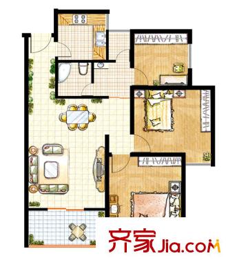 陽光豪庭戶型圖B戶型 3室2廳1衛(wèi)1廚