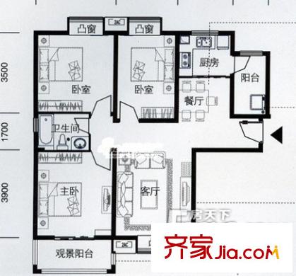 新建北村戶型圖5 3室2廳1衛(wèi)1廚