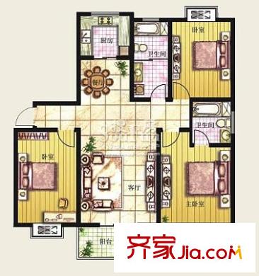 北京路18號戶型圖二期：C1戶型 3室2廳2衛(wèi)