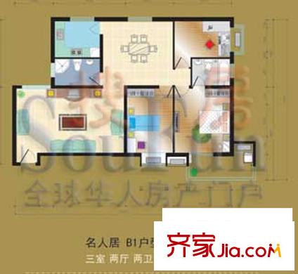 望景花園名人居戶型圖3室2廳2衛(wèi)1廚