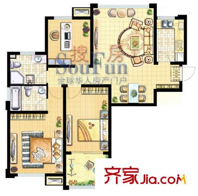 河畔花城戶型圖C戶型 3室2廳2衛(wèi)1廚