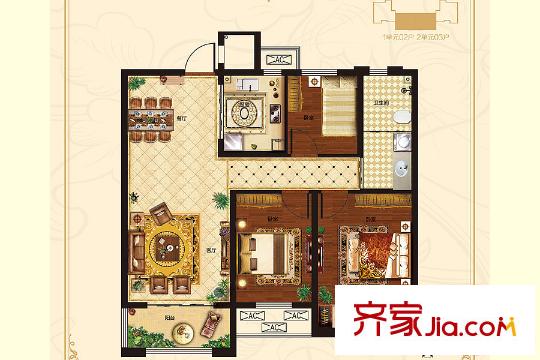 榮盛?花語城3#5#中間戶B戶型 3室2廳1衛(wèi)1廚