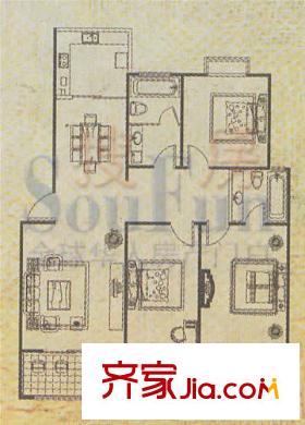 漢府雅園戶型圖6期戶型 3室2廳2衛(wèi)1廚