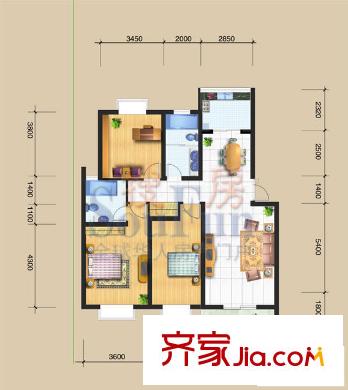 永嘉太陽城戶型圖H(3房)戶型 3室2廳2衛(wèi)1廚