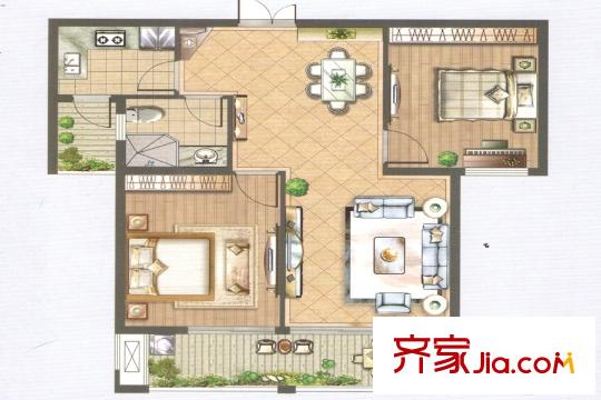 國信上城?學(xué)府11#中間戶E3戶型 2室1廳1衛(wèi)1廚
