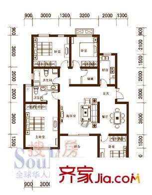泉山森林海戶型圖B戶型一樓中戶 4室2廳2衛(wèi)1廚