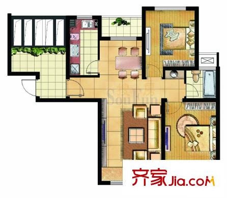 鑫苑景園戶型圖C3戶型 2室2廳1衛(wèi)1廚