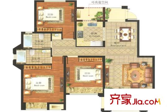 綠城東方雅園洋房A戶型 邊戶 3室2廳2衛(wèi)1廚