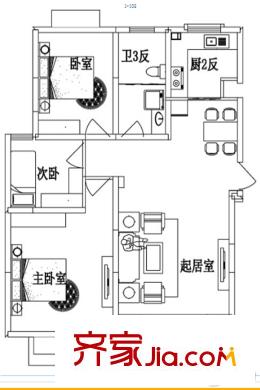 榕城奧運星城25#109平米戶型圖 3室2廳1衛(wèi)1廚