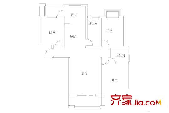 東方帝景城四期1戶型 3室2廳2衛(wèi)1廚
