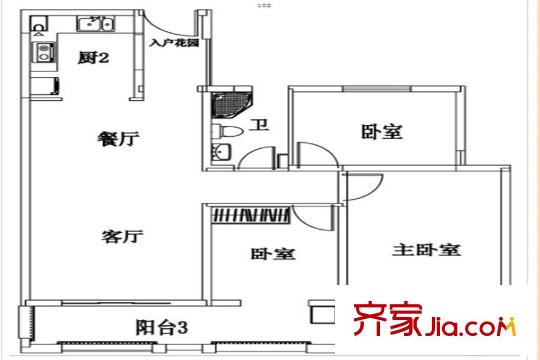 宏利達金水灣1號樓中間戶戶型 3室2廳1衛(wèi)1廚