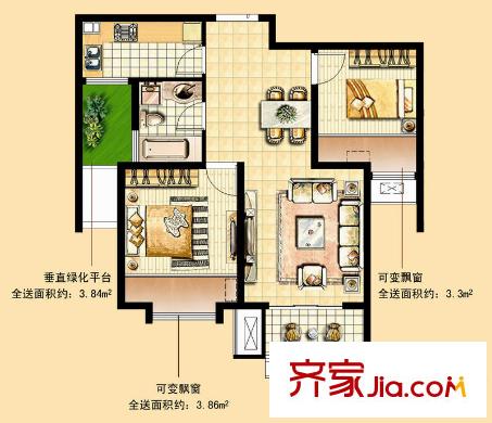 國基逸境三期C2、C3中間戶清新雅韻戶型 2室2廳1衛(wèi)