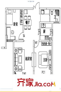 匯龍國際花園6#101.27平方米戶型圖 2室2廳1衛(wèi)1廚