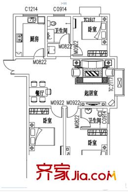 耀邦公館56#125.28平方米戶型圖 3室2廳2衛(wèi)1廚