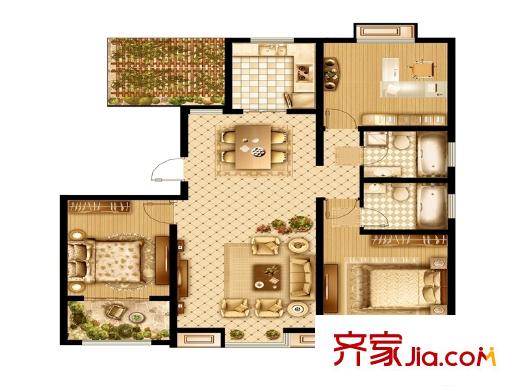 港鑫城一期4#樓9層C3戶型 3室1廳2衛(wèi)